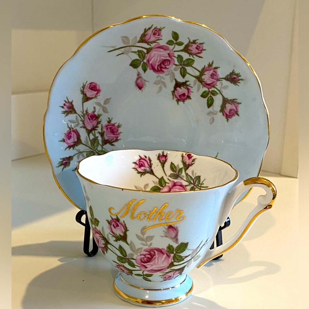 EUC VTG QUEEN ANNE BONE CHINA “MOTHER” TEACUP AND SAUCER IN BLUE WITH PINK ROSES
